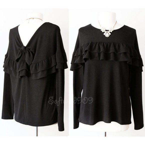 Last☝️ Black Ruffle Bow Back Soft Cute Sweater Top - Picture 2 of 8